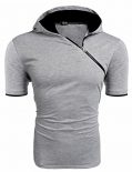 MODLFINE Men Buckle Zipper Slim Hoodie Cotton Solid Short sleeve T-shirts(misty grey,Medium)