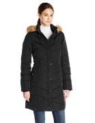 Tommy Hilfiger Women’s Long Chevron Quilted Down Alternative Coat with Fur Trim Hood, Black, X-Small