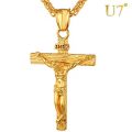 U7 Jewelry Men's Stainless Steel 18K Gold Plated Cross Crucifix Pendant Necklace