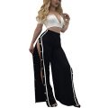 Women Button Striped Track Pants Side Slit Trousers Street Style 2017 Black L