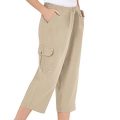 Women's Elastic Waist Cargo Pocket Capri Pant, Khaki, Large