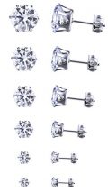 Women's Girls White Set of 6 Stainless Steel Round Clear Cubic Zirconia...