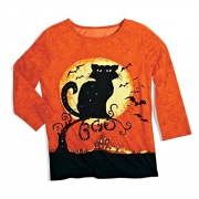 Women’s Halloween Black Cat 3/4 Sleeves Scoopneck Top, Orange, Large.